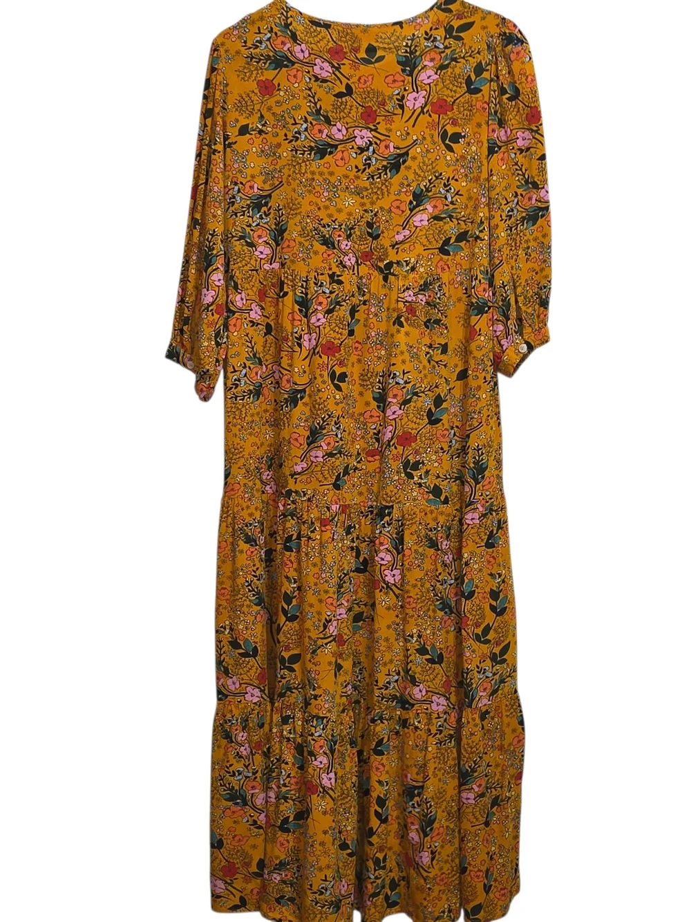 Natural Life Nova Maxi Dress Mustard Pink Poppy Floral Boho Tiered Rayon Size M - Picture 3 of 9